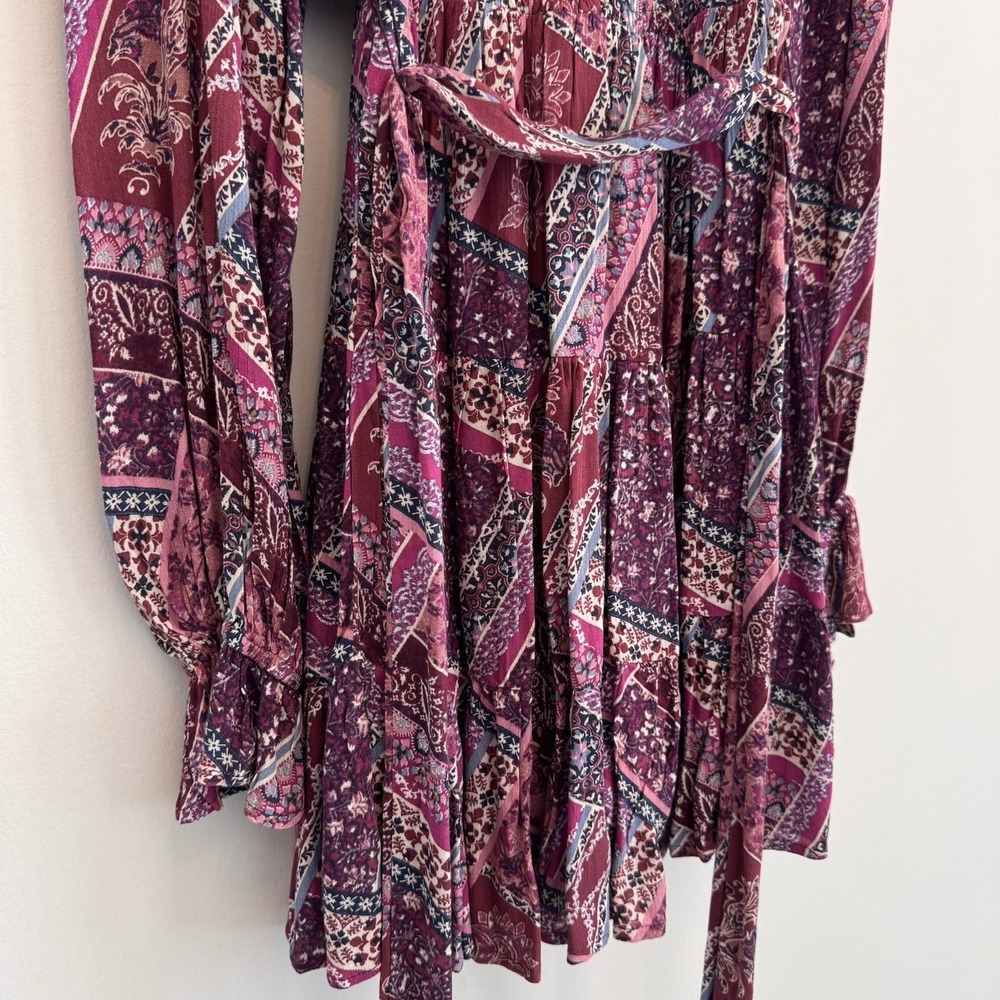 NWT Aura Shop Red Dress XS Purple Boho Patchwork Smocked Long Sleeve Mini Dress - Picture 14 of 14